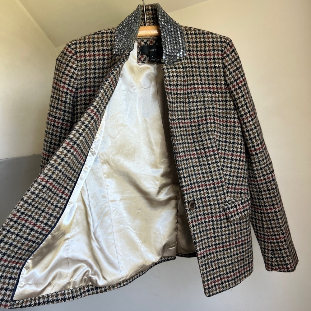 J.Crew Regent Blazer Size 6 Houndstooth Rhinestone Gem Collar Wool Jacket Preppy - Picture 6 of 10